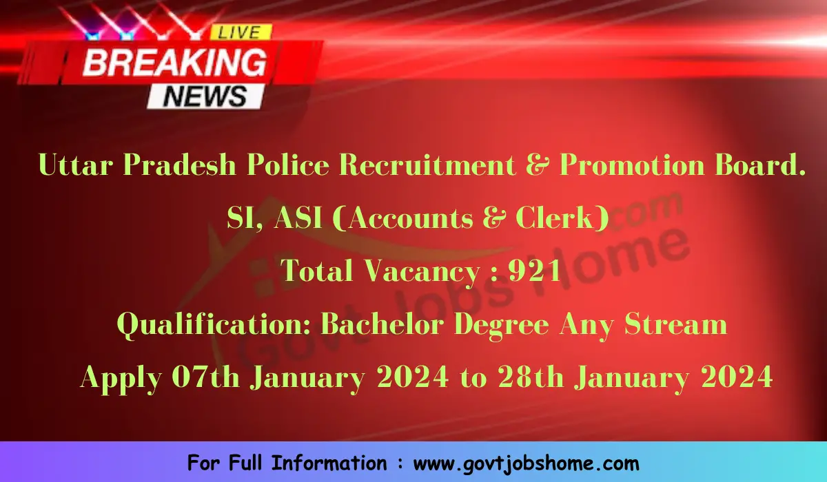 UP Police Recruitment: SI, ASI (Accounts & Clerk) – 921 Vacancies