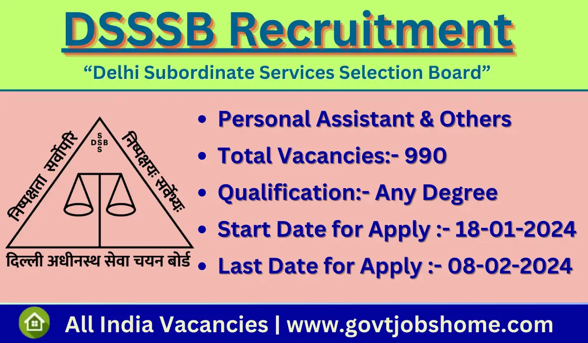 DSSSB Recruitment: Personal Assistant & Others – 990 Vacancies