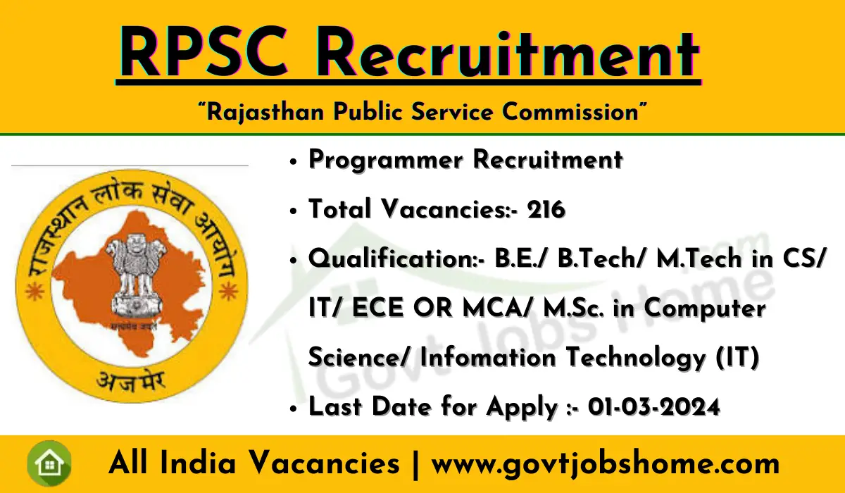 RPSC Recruitment: Programmer – 216 Vacancies | Online Form