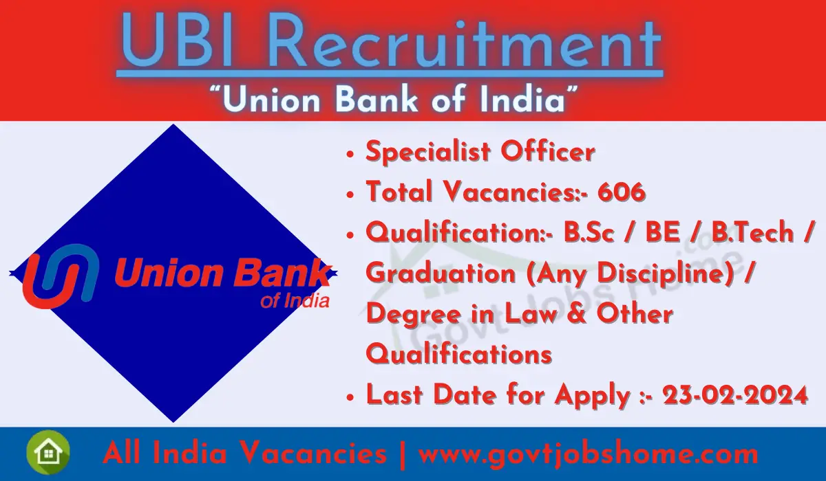 Union Bank of India: Specialist Officer – 606 Vacancies