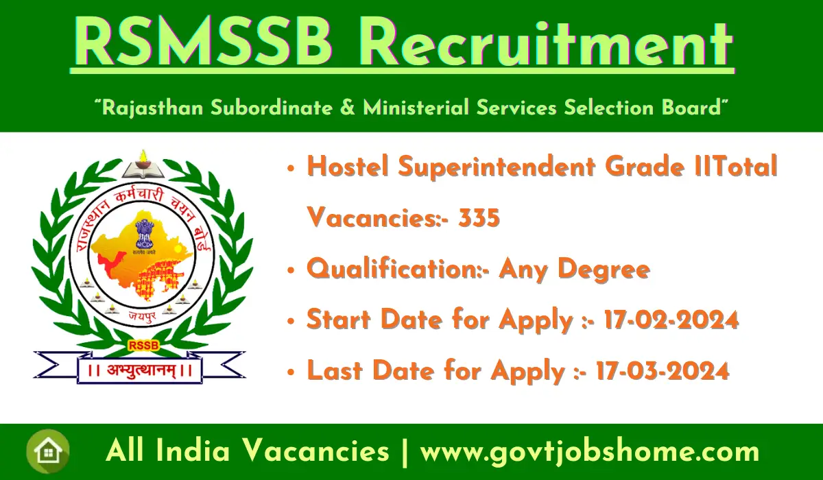 RSMSSB Recruitment: Hostel Superintendent Grade II – 335 Vacancies