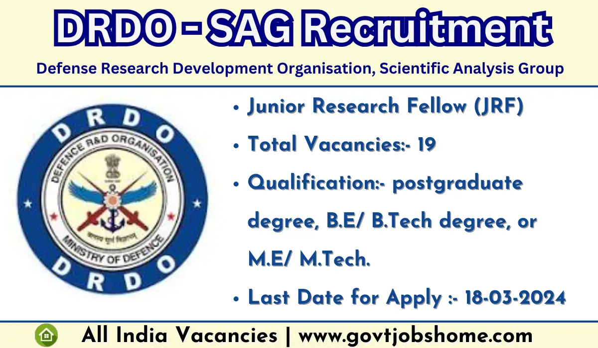 DRDO-SAG Recruitment: Junior Research Fellow – 19 Vacancies