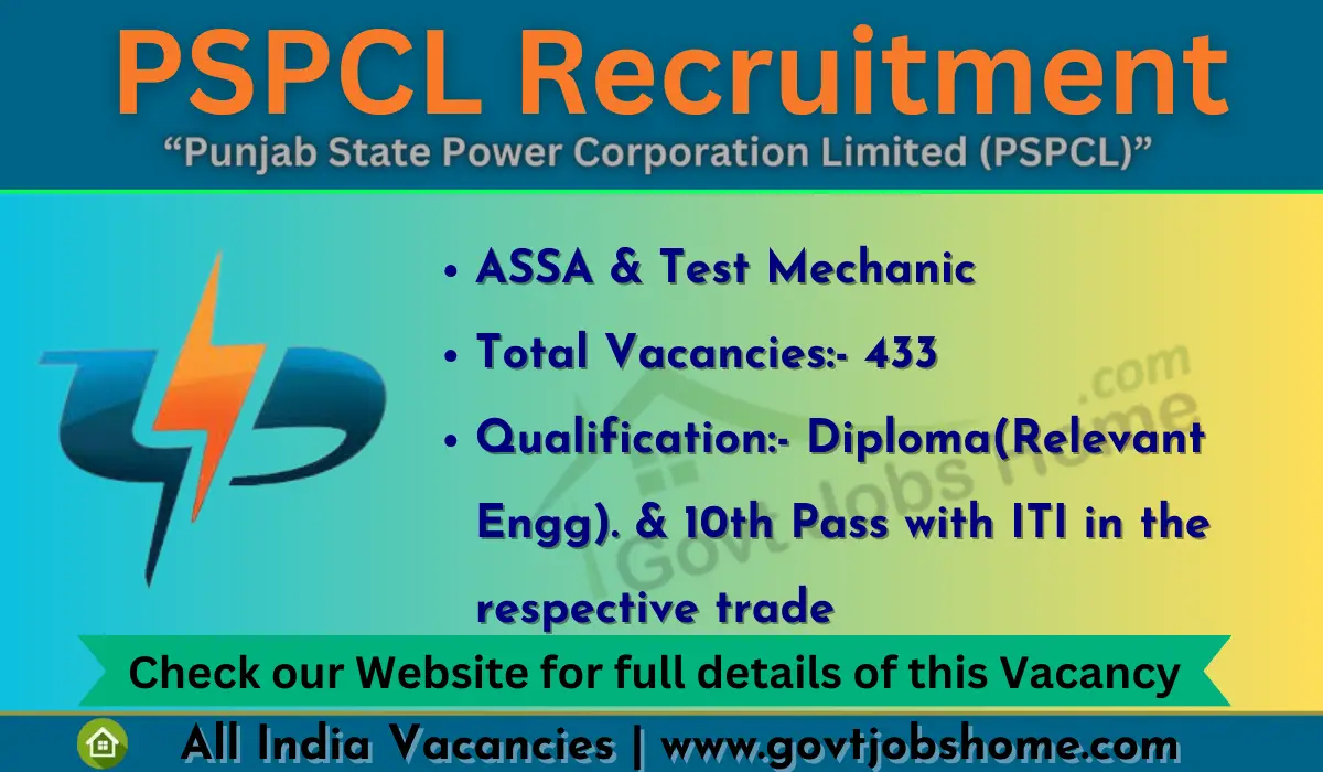 PSPCL ASSA Recruitment: Test Mechanic – 433 Vacancies